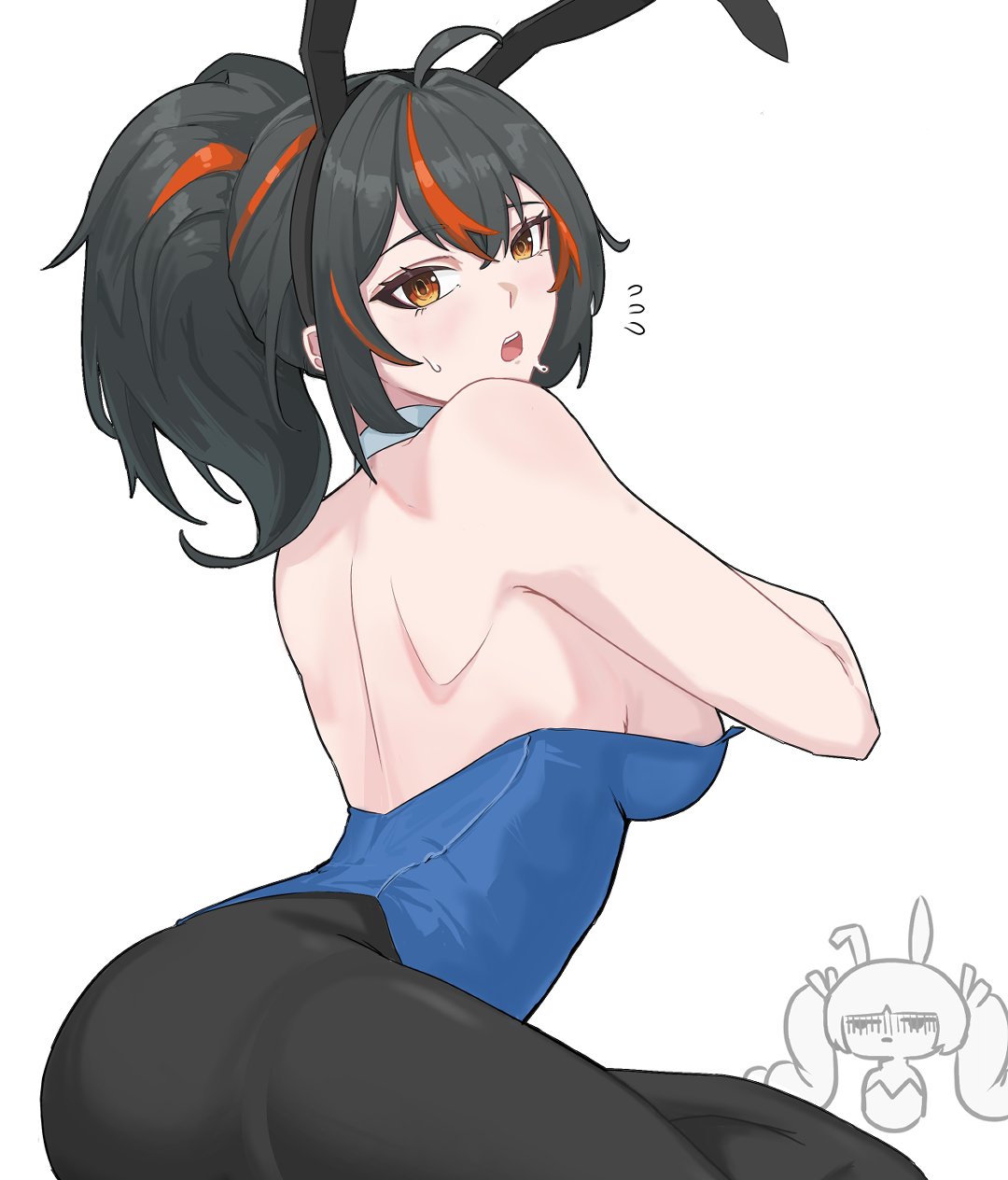 qingyi (zenless zone zero), zhu yuan, zenless zone zero, highres, 2girls, alternate costume, animal ear hairband, animal ears, bare back, black hair, black pantyhose, blue leotard, breasts, fake animal ears, flying sweatdrops, hairband, kurokoi art, large breasts, leotard, multicolored hair, multiple girls, pantyhose, playboy bunny, ponytail, rabbit ear hairband, rabbit ears, red eyes, red hair, solo focus, strapless, strapless leotard, streaked hair, white background