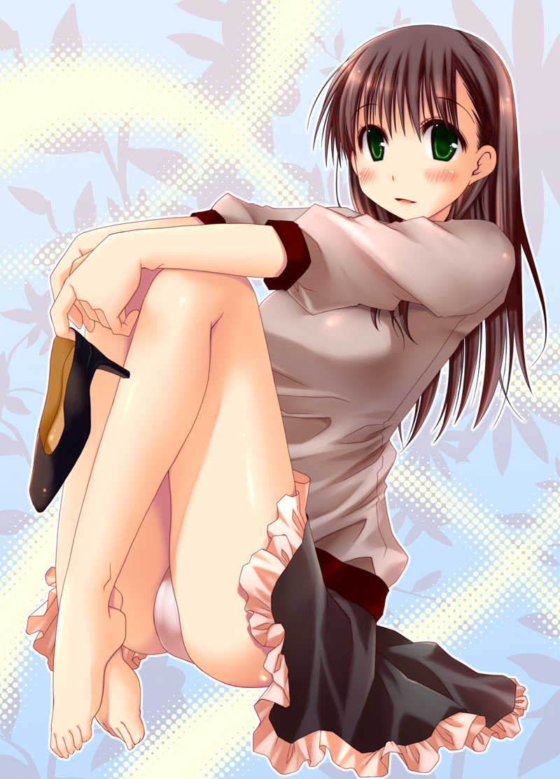theta (ponkotsu works), original, bad id, bad pixiv id, barefoot, blouse, blush, brown hair, feet, frills, green eyes, high heels, legs, long hair, miniskirt, panties, pantyshot, shirt, shoes, sitting, skirt, solo, underwear, white panties
