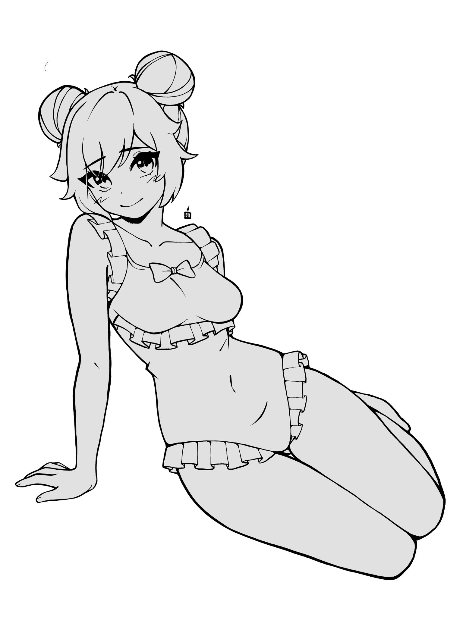 oninuer, original, commentary, commission, english commentary, highres, 1girl, arm support, bare arms, blush, bow, breasts, casual one-piece swimsuit, closed mouth, collarbone, double bun, frilled one-piece swimsuit, frills, full body, greyscale, hair bun, lineart, looking at viewer, medium breasts, monochrome, one-piece swimsuit, parted bangs, short hair, simple background, smile, solo, swimsuit, white background