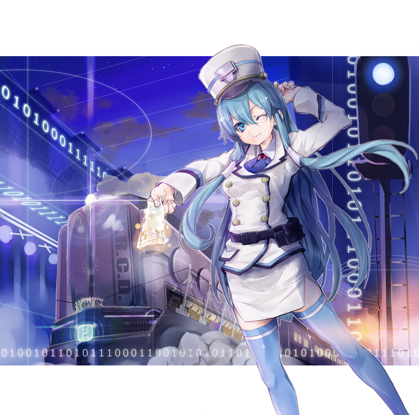 yuugen, original, uniform, bad id, bad pixiv id, 1girl, binary, blue eyes, blue hair, blush, female focus, hat, locomotive, long hair, matching hair/eyes, one eye closed, pencil skirt, shako cap, skirt, smile, solo, thighhighs, ticket, train, train attendant, travel attendant, wink, zettai ryouiki