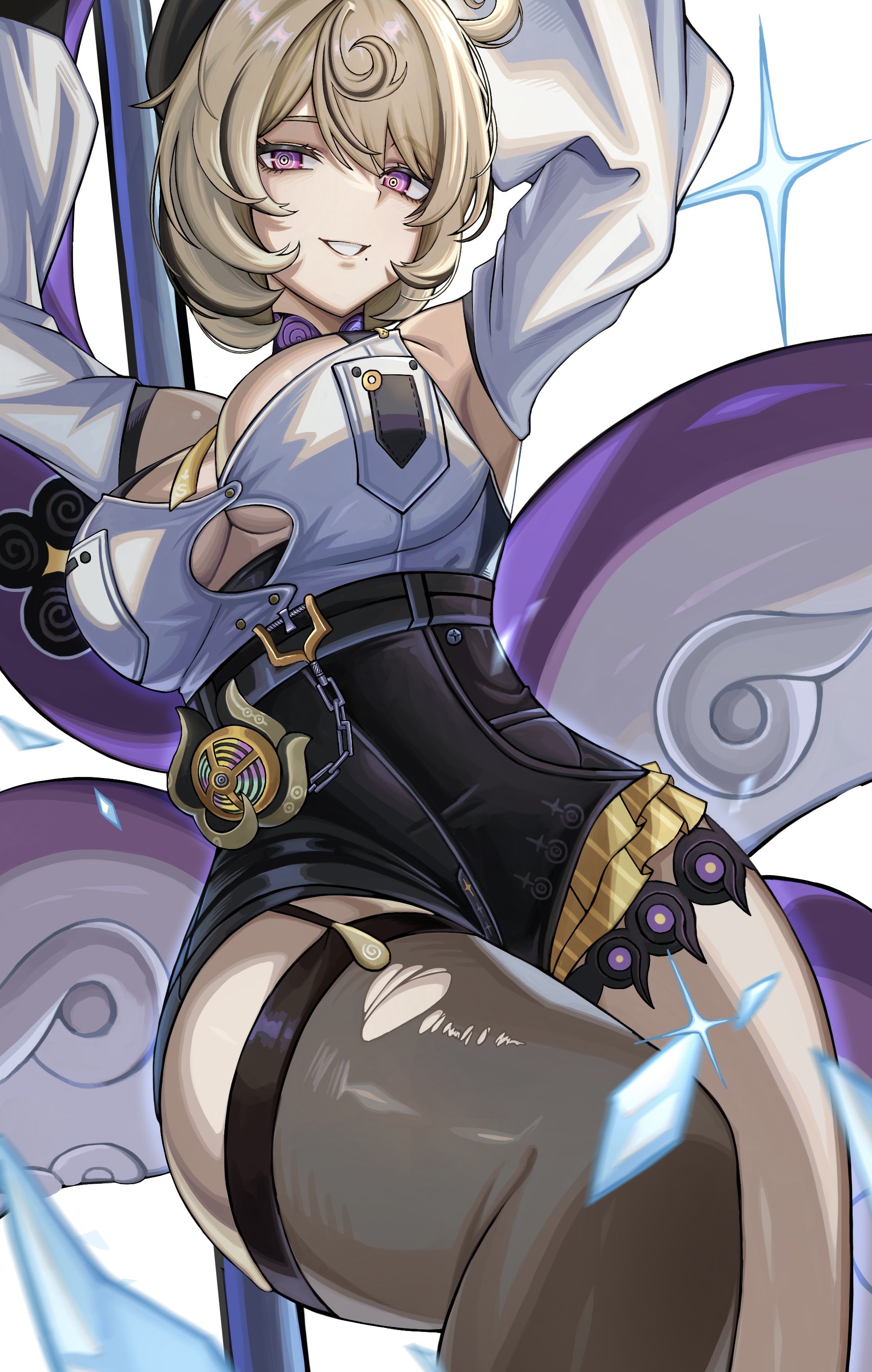 rxo2xs, yidhari murphy, zenless zone zero, absurdres, commentary request, highres, 1girl, accessories, armpits, arms up, asymmetrical shorts, black hat, blonde hair, breasts, broken glass, cleavage, detached sleeves, garter straps, glass, glass shard, hair between eyes, hat, high-waist shorts, large breasts, looking at viewer, mole, mole under mouth, monster girl, purple eyes, ringed eyes, scylla, shirt, short hair, shorts, single garter strap, single thighhigh, solo, sparkle, sticker, tentacle girl, tentacle tail, tentacles, thighhighs, tight clothes, tight shirt, torn clothes, torn thighhighs, white background, white shirt, white sleeves