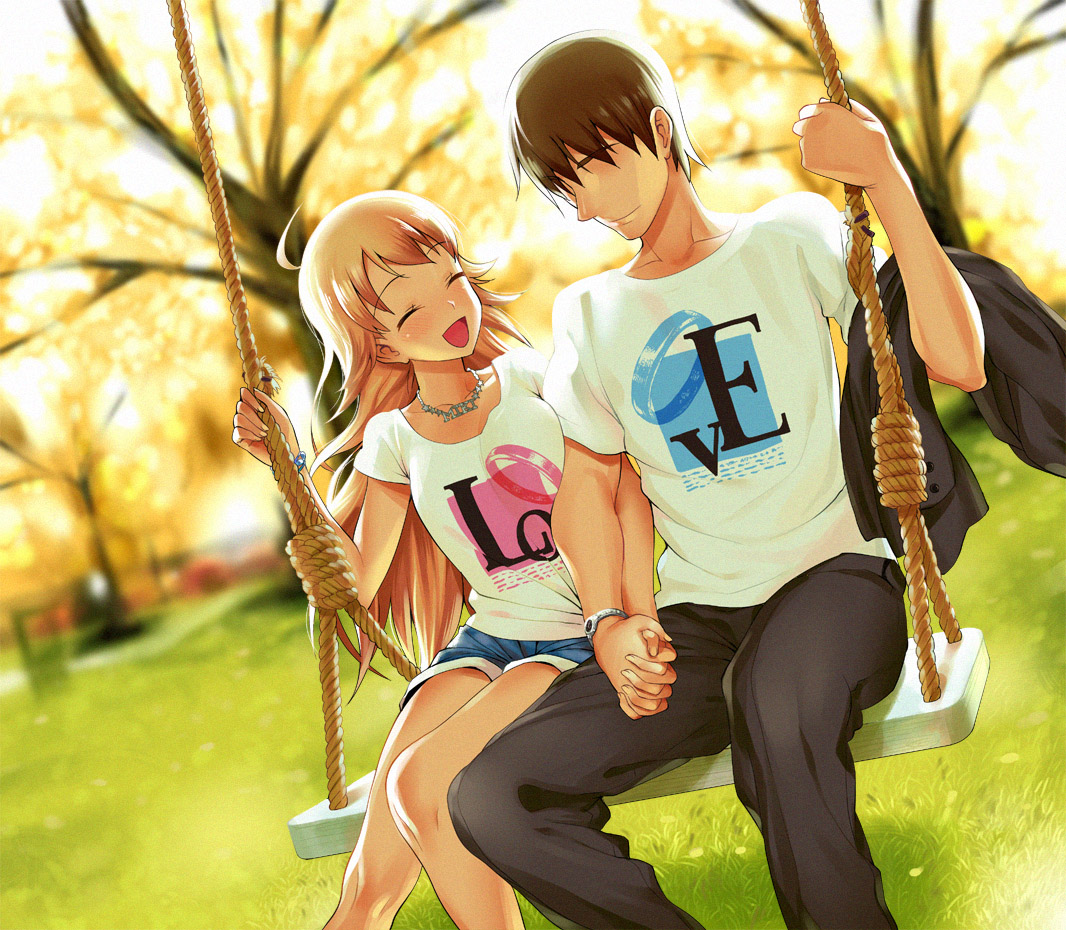 lunch (shin new), hoshii miki, producer (idolmaster), idolmaster, idolmaster (classic), bad id, bad pixiv id, 00s, 1boy, 1girl, blonde hair, closed eyes, couple, happy, hetero, holding hands, long hair, no eyes, on swing, shorts, swing, swinger