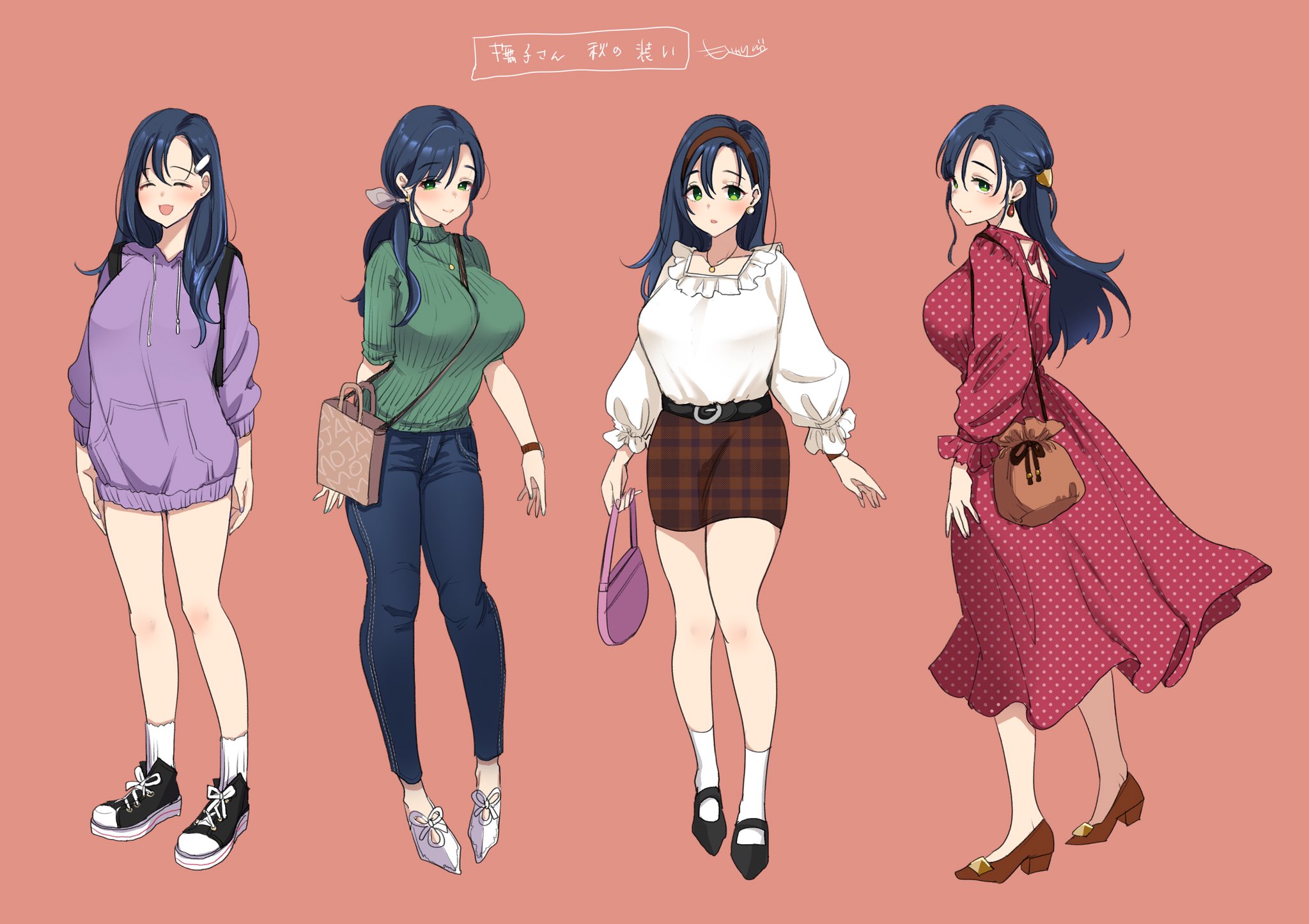 mojarin (kihara mojarin), commentary request, highres, translation request, 1girl, :d, ^ ^, bag, belt, black belt, black shoes, blue hair, blue pants, blush, breasts, brown bag, brown hairband, brown shoes, brown skirt, closed eyes, closed mouth, collarbone, denim, dress, earrings, flats, from side, full body, green eyes, green sweater, hair between eyes, hair ornament, hairband, hairclip, half updo, high heels, holding, holding bag, hood, hood down, hoodie, huge breasts, jeans, jewelry, lips, long dress, long hair, long sleeves, looking at viewer, low ponytail, multiple views, nadeshiko-san just can't say no!, nadeshiko (nadeshiko-san just can't say no!), necklace, open hand, open mouth, pants, pencil skirt, pink background, pink bag, plaid clothes, plaid skirt, polka dot, polka dot dress, ponytail, purple hoodie, red dress, shirt, shoes, sidelocks, simple background, skirt, sleeves pushed up, smile, sneakers, socks, standing, sweater, tachi-e, tareme, tented shirt, turtleneck, turtleneck sweater, watch, white shirt, white shoes, white socks, wristwatch