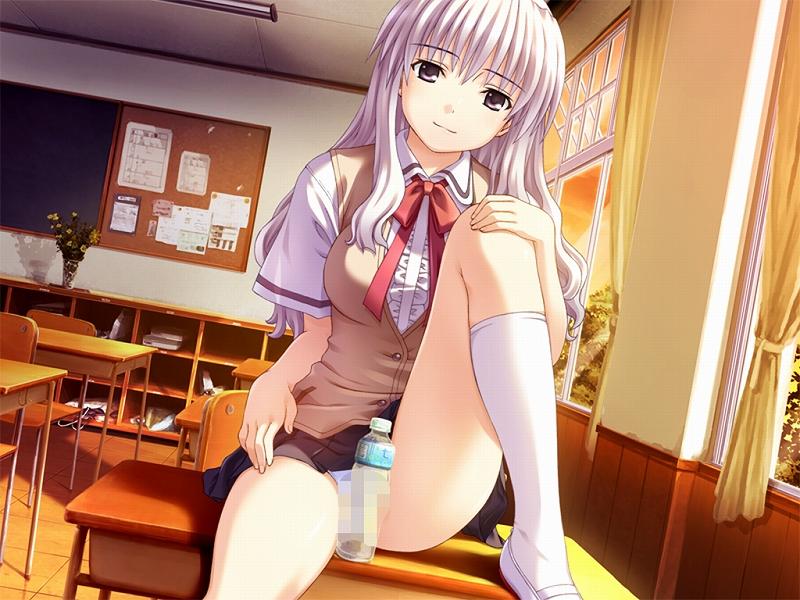 nekonyan, misaki ryou, sakaagari hurricane, white legwear, 1girl, bottle, censored, classroom, clothes lift, desk, frills, leg lift, long hair, panties, pointless censoring, ribbon, school uniform, skirt, skirt lift, socks, solo, sunset, underwear, white hair, white panties, window