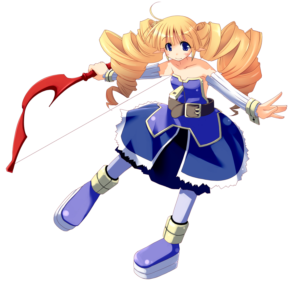 theta (ponkotsu works), archer (disgaea), disgaea, bad id, bad pixiv id, bare shoulders, belt, blonde hair, blue eyes, blush, boots, bow, demon girl, detached sleeves, dress, drill hair, long hair, pointy ears, solo, thighhighs, twintails