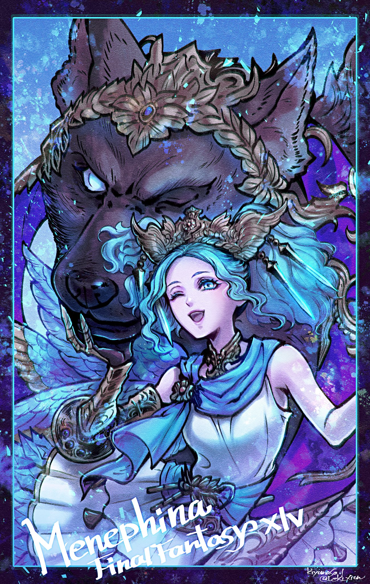 leki ixion, menphina, final fantasy, final fantasy xiv, highres, 1girl, ;d, asymmetrical wings, blue background, blue bow, blue eyes, blue hair, blue scarf, blue wings, bow, character name, claw ring, copyright name, dalamud (menphina), dress, headpiece, jewelry, looking at viewer, medium hair, neck ring, one eye closed, open mouth, scarf, sleeveless, sleeveless dress, smile, twintails, white dress, wings, wolf