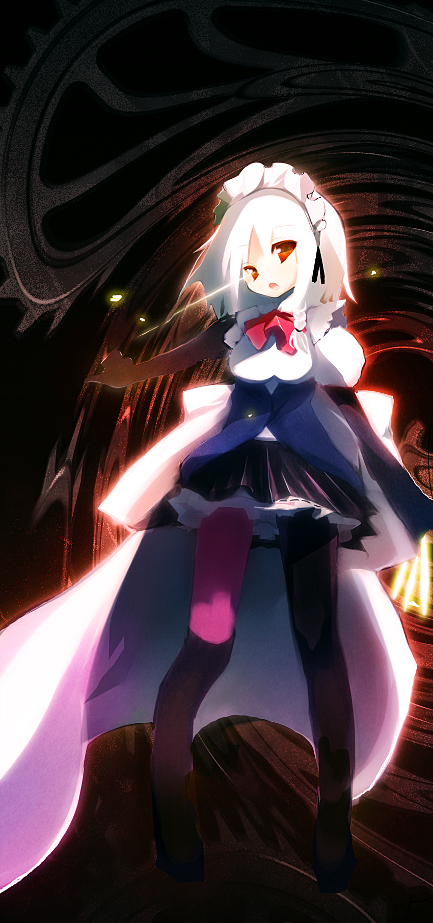 cauliflower (hosiyarou), izayoi sakuya, touhou, bad id, bad pixiv id, highres, 1girl, female focus, maid, maid headdress, pantyhose, red eyes, short hair, skirt, solo, white hair