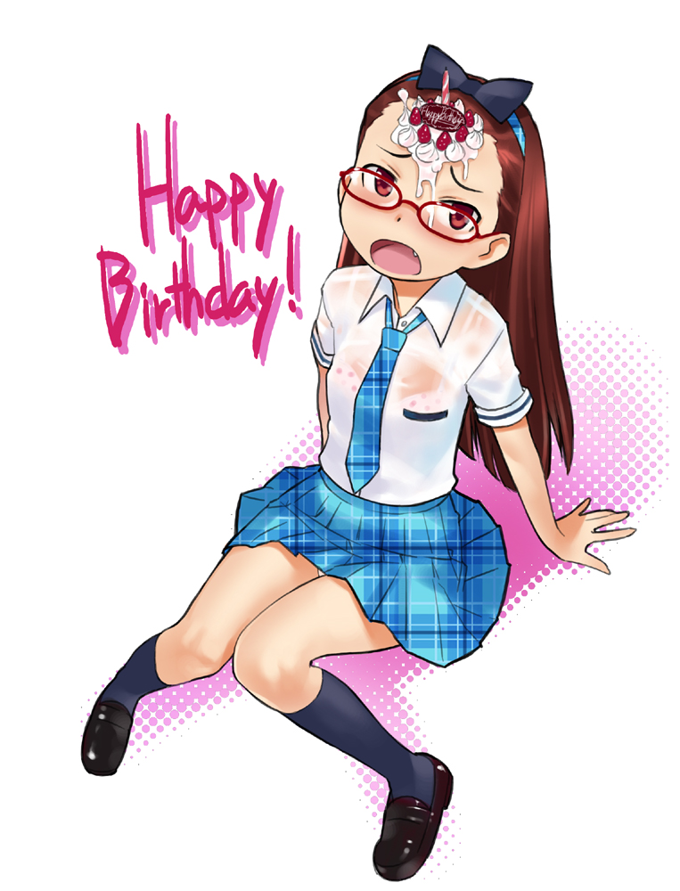 oohara kyuutarou, minase iori, idolmaster, idolmaster (classic), bad id, bad pixiv id, 00s, 1girl, birthday, blush, bra, brown eyes, brown hair, cake, fang, female focus, food, forehead, fruit, full body, glasses, legs, lingerie, long hair, necktie, open mouth, pastry, plaid clothes, plaid skirt, rough time school, school uniform, see-through clothes, sitting, skirt, solo, strawberry, underwear