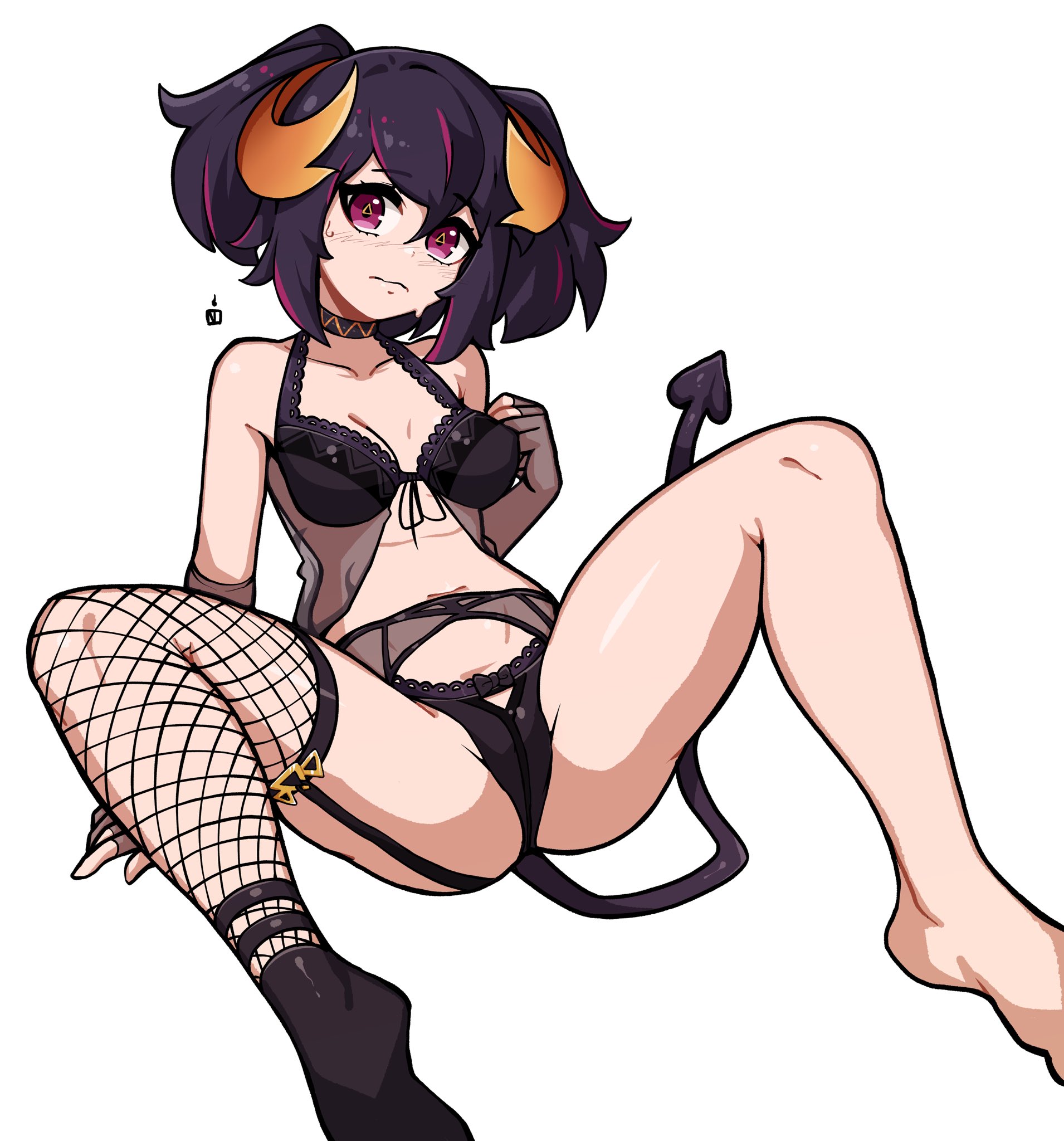 oninuer, original, commentary, commission, english commentary, highres, 1girl, black bra, black choker, black garter belt, black panties, black socks, bra, breasts, choker, closed mouth, collarbone, demon girl, demon horns, demon tail, fishnet thighhighs, fishnets, full body, garter belt, hair between eyes, horns, looking at viewer, medium breasts, multicolored hair, panties, purple eyes, purple hair, purple streaks, short hair, simple background, single sock, single thighhigh, socks, solo, spread legs, streaked hair, sweat, tail, thighhighs, underwear, underwear only, white background