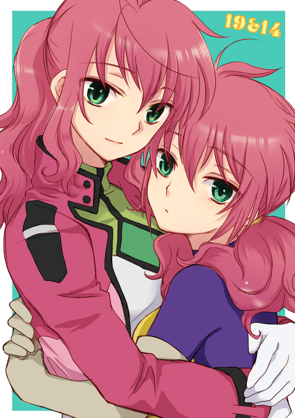plum (arch), feldt grace, gundam, gundam 00, 00s, ahoge, dual persona, gloves, green eyes, hug, jacket, long hair, pink hair, ponytail, smile, time paradox, wavy hair