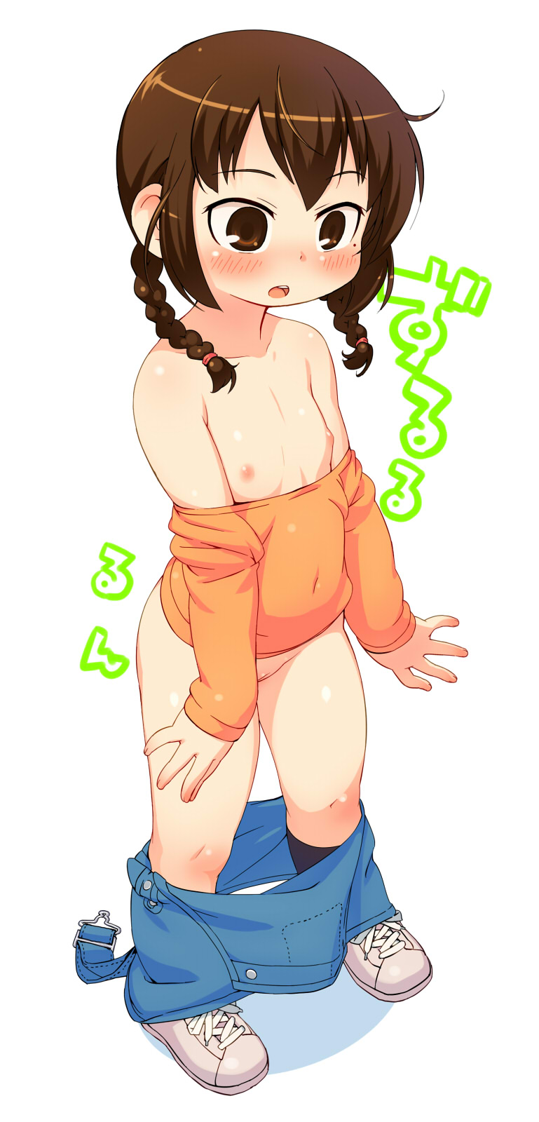 om (nk2007), ogata airi, mitsudomoe (manga), bad id, bad pixiv id, highres, 1girl, bare shoulders, blush, braid, brown eyes, brown hair, cleft of venus, clothes pull, female focus, flat chest, loli, mole, mole under eye, nipples, no bra, no panties, open mouth, overall skirt, overalls, pussy, shirt pull, shoes, short hair, solo, twin braids, undressing, wardrobe malfunction