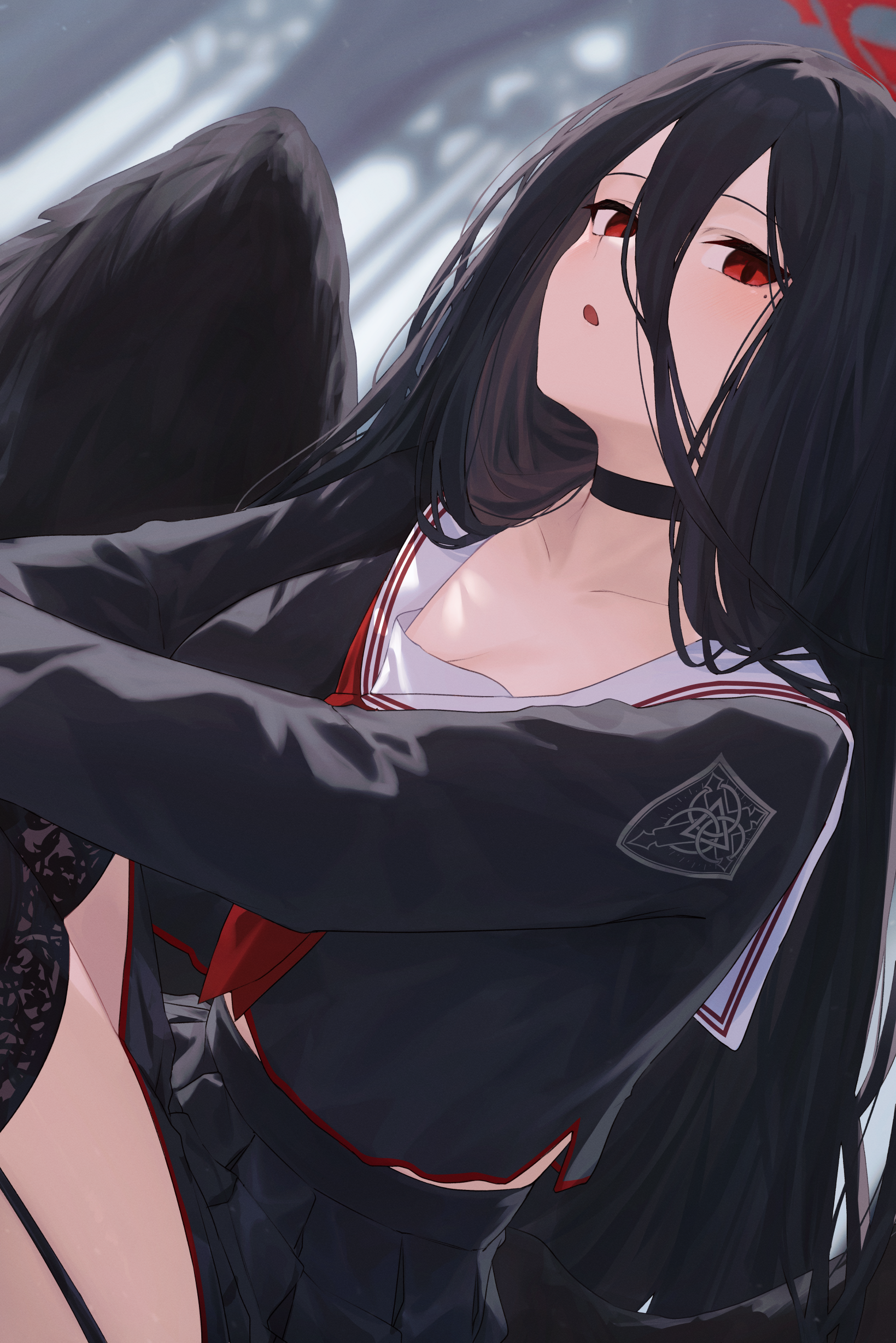 kuchisode, hasumi (blue archive), blue archive, absurdres, commentary, highres, 1girl, :o, black choker, black garter straps, black hair, black serafuku, black thighhighs, black wings, blurry, blurry background, breasts, choker, cleavage, collarbone, dutch angle, feathered wings, garter straps, hair between eyes, halo, large breasts, long hair between eyes, looking at viewer, midriff peek, mole, mole under eye, necktie, pleated skirt, red eyes, red necktie, school uniform, serafuku, skirt, solo, thighhighs, wings
