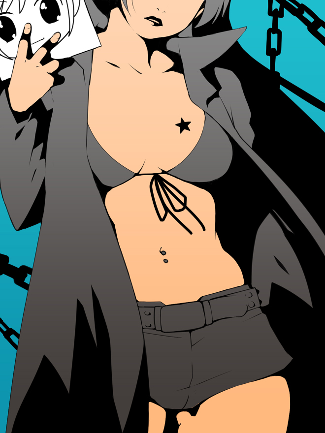 ganto, black rock shooter (character), black rock shooter, 10s, 1girl, belt, bikini, bikini top only, black hair, chain, coat, female focus, flat color, front-tie top, gradient background, lipstick, long hair, makeup, midriff, navel, navel piercing, piercing, shadow, short shorts, shorts, solo, star (symbol), swimsuit