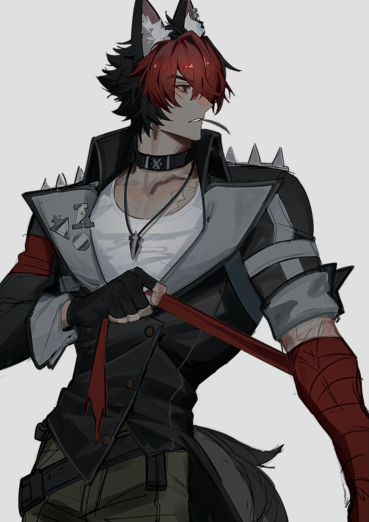 komano manato, zenless zone zero, highres, 1boy, animal ear fluff, animal ears, bf2xuec6ow98466, black gloves, black hair, black jacket, black tail, cargo pants, collar, collarbone, cowboy shot, dog boy, dog ears, dog tail, ear piercing, fingerless gloves, gloves, green pants, grey background, hair between eyes, jacket, jewelry, leaf in mouth, looking to the side, male focus, multicolored hair, multiple scars, muscular, muscular male, necklace, pants, pectorals, piercing, red bandage, red eyes, red hair, rolling eyes, scar, scar on arm, scar on chest, shirt, short hair, single glove, solo, spiked jacket, standing, tail, white shirt