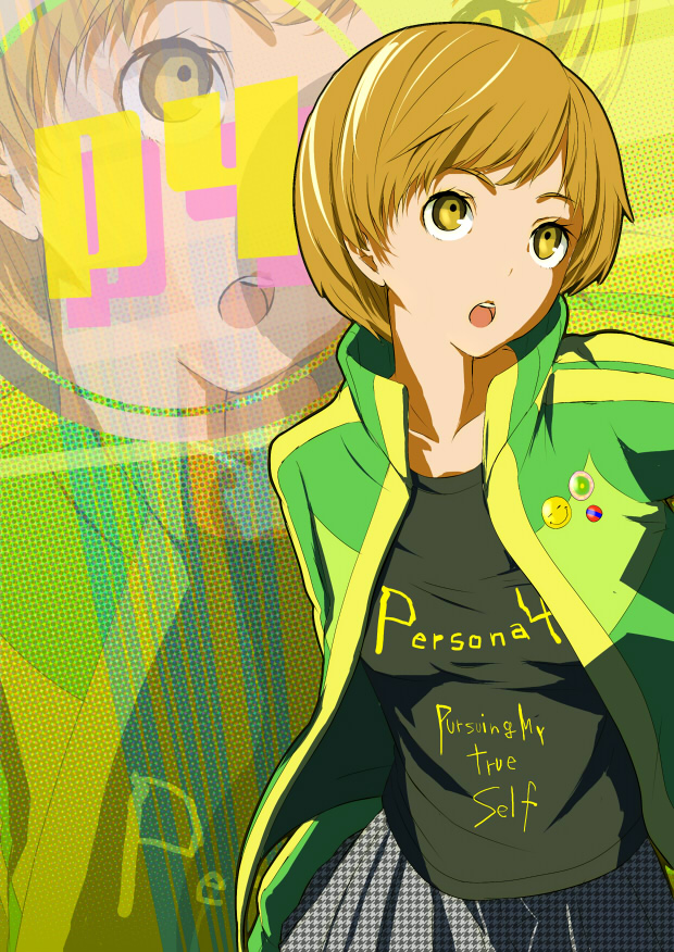 nishiuri warito, satonaka chie, atlus, persona, persona 4, bad id, bad pixiv id, 1girl, :o, brown eyes, brown hair, buttons, clothes writing, female focus, houndstooth, jacket, open clothes, open shirt, shirt, short hair, skirt, smiley face, solo, t-shirt, track jacket