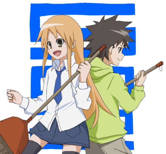 doekuramori, koizumi chika, satou ryouta, kyou no go no ni, bad id, bad pixiv id, 00s, 1boy, 1girl, black thighhighs, blonde hair, broom, brown eyes, dress shirt, hood, hoodie, long hair, miniskirt, necktie, pants, shirt, skirt, thighhighs