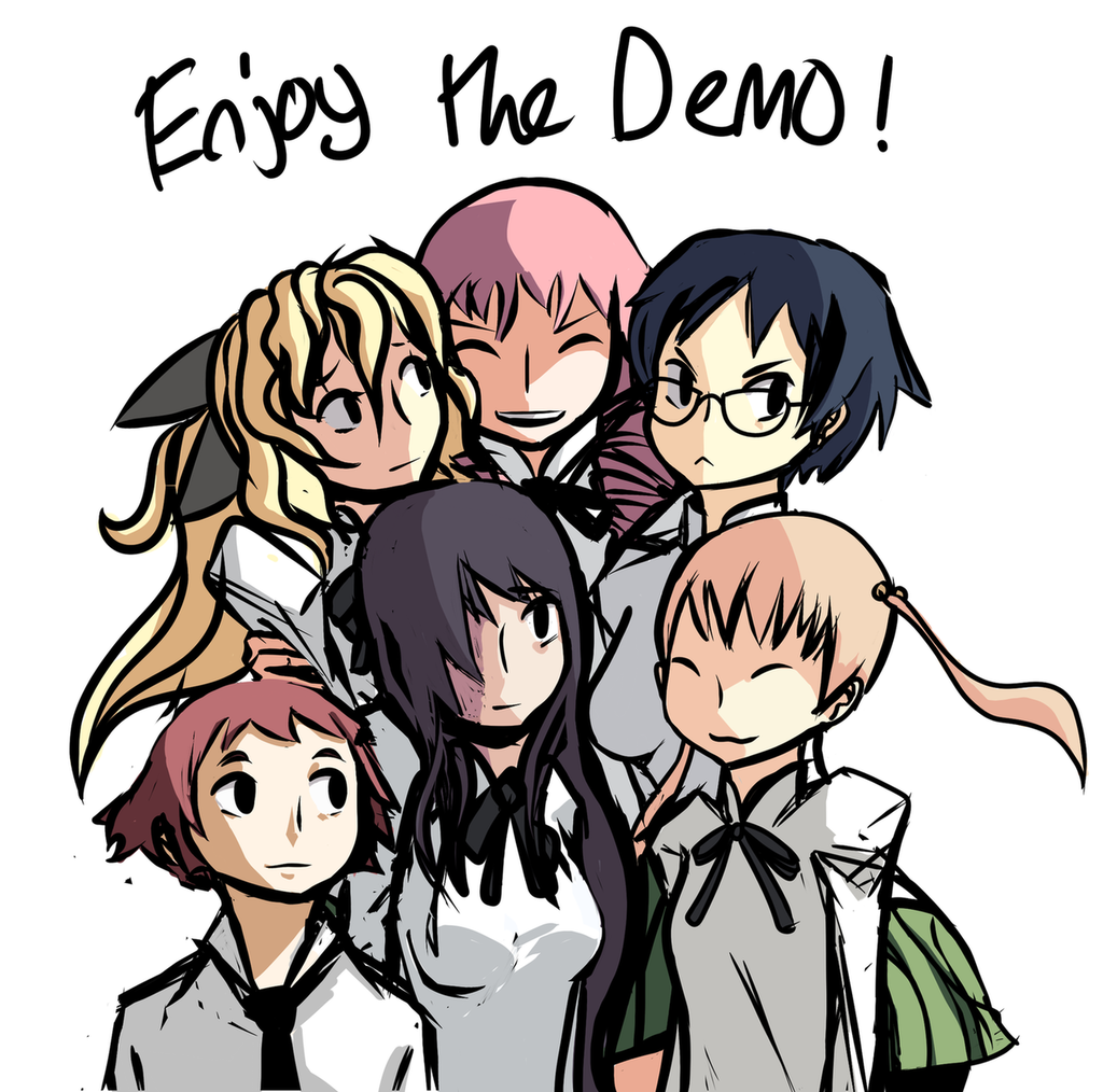hakamichi shizune, ibarazaki emi, ikezawa hanako, mikado shiina, satou lilly, tezuka rin, katawa shoujo, 10s, 6+girls, blind, english text, multiple girls, pink hair, sitting, tongue, yellow eyes