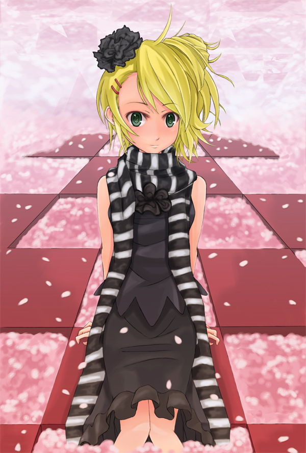miomio, hoshii miki, idolmaster, idolmaster (classic), bad id, bad pixiv id, 00s, 1girl, blonde hair, blush, dress, female focus, green eyes, hair ornament, hairclip, petals, scarf, sitting, smile, solo, striped clothes, striped scarf