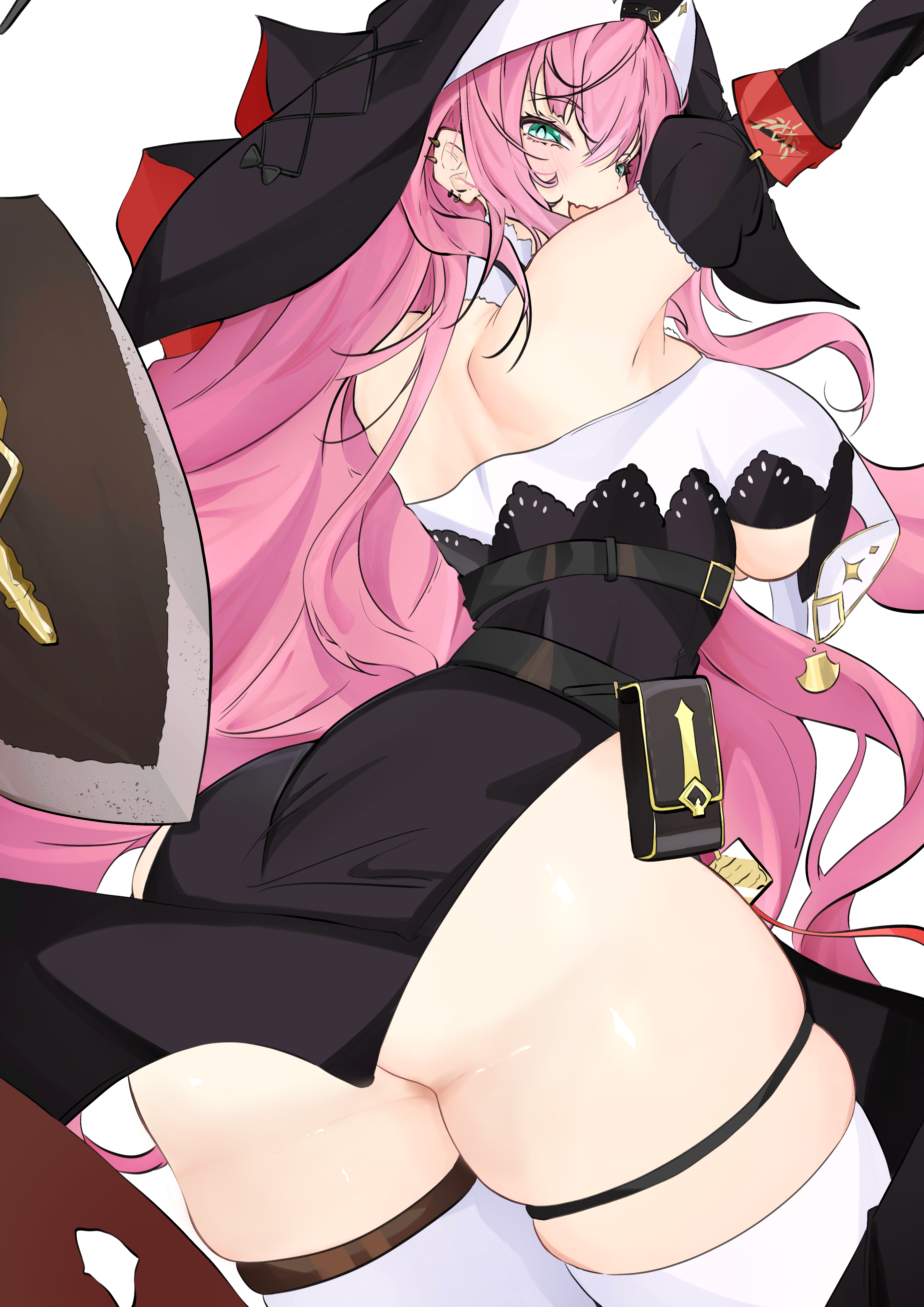 unanooo (fthx7532), gerie (stella sora), stella sora, absurdres, highres, 1girl, bare shoulders, black dress, black veil, blush, breasts, detached sleeves, dress, ear piercing, green eyes, large breasts, long hair, looking at viewer, looking back, no panties, nun, open mouth, piercing, pink hair, simple background, sleeveless, sleeveless dress, smile, solo, thigh strap, thighhighs, underboob, veil, white background, white thighhighs