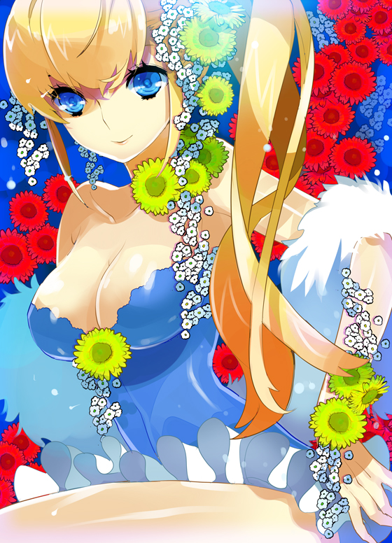 mami (apsaras), original, 1girl, bare shoulders, blonde hair, blue eyes, breasts, cleavage, female focus, flower, large breasts, long hair, smile, solo
