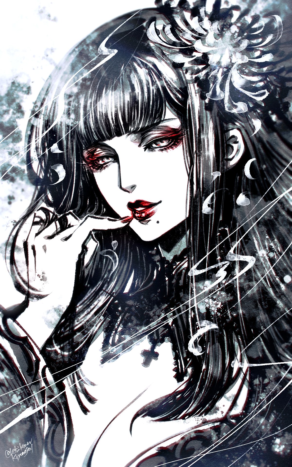 leki ixion, yotsuyu goe brutus, final fantasy, final fantasy xiv, highres, 1girl, breasts, cleavage, eyeshadow, flower, hair flower, hair ornament, hyur, lace collar, long hair, looking at viewer, makeup, mole, mole under mouth, nail polish, parted lips, portrait, red eyeshadow, red lips, red nails, signature, smile, solo, spot color, twirling hair