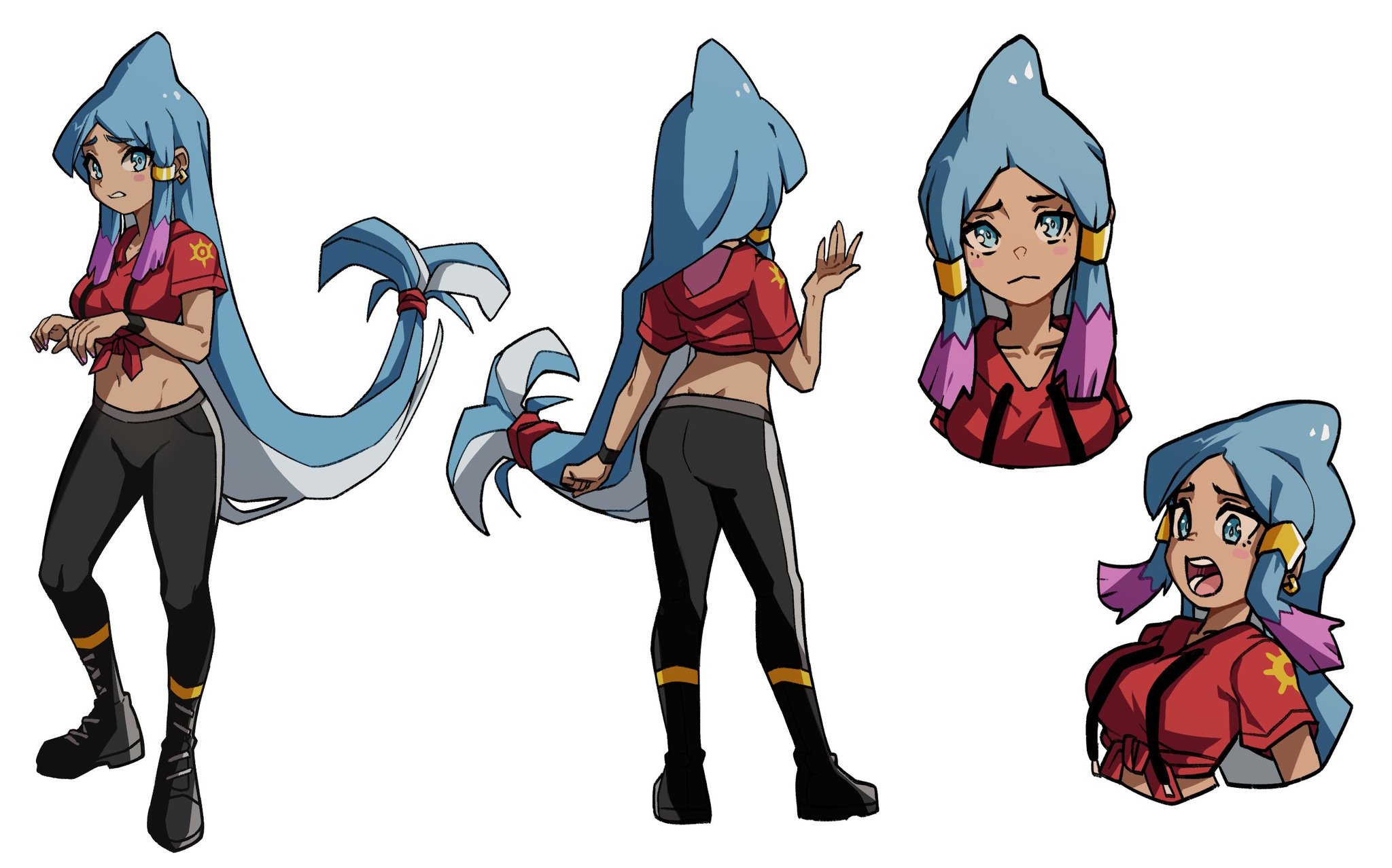 oninuer, original, commentary, english commentary, highres, 1girl, black pants, black shoes, blue eyes, blue hair, blush stickers, breasts, closed mouth, frown, large breasts, long hair, looking at viewer, multiple views, open mouth, pants, parted bangs, red shirt, shirt, shoes, short sleeves, simple background, tied shirt, white background