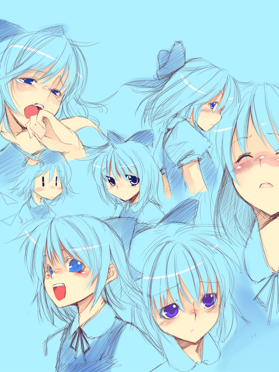 kurokuro, cirno, embodiment of scarlet devil, touhou, bad id, bad pixiv id, highres, 1girl, blue eyes, blue hair, blue theme, blush, bow, chibi, embarrassed, hair bow, multiple expressions, short hair, sketch, | |