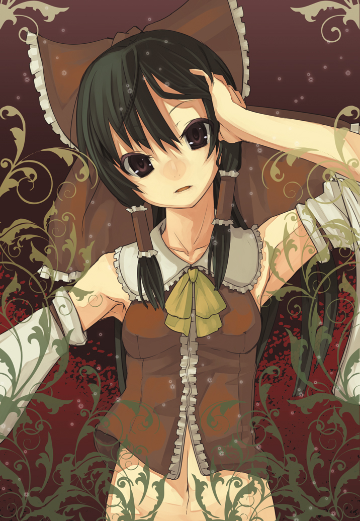 yada ei, hakurei reimu, touhou, vocaloid, 1girl, album cover, armpits, black hair, bottomless, bow, brown eyes, cover, detached sleeves, female focus, hair bow, hair ribbon, hand in own hair, japanese clothes, long hair, miko, navel, ribbon, solo