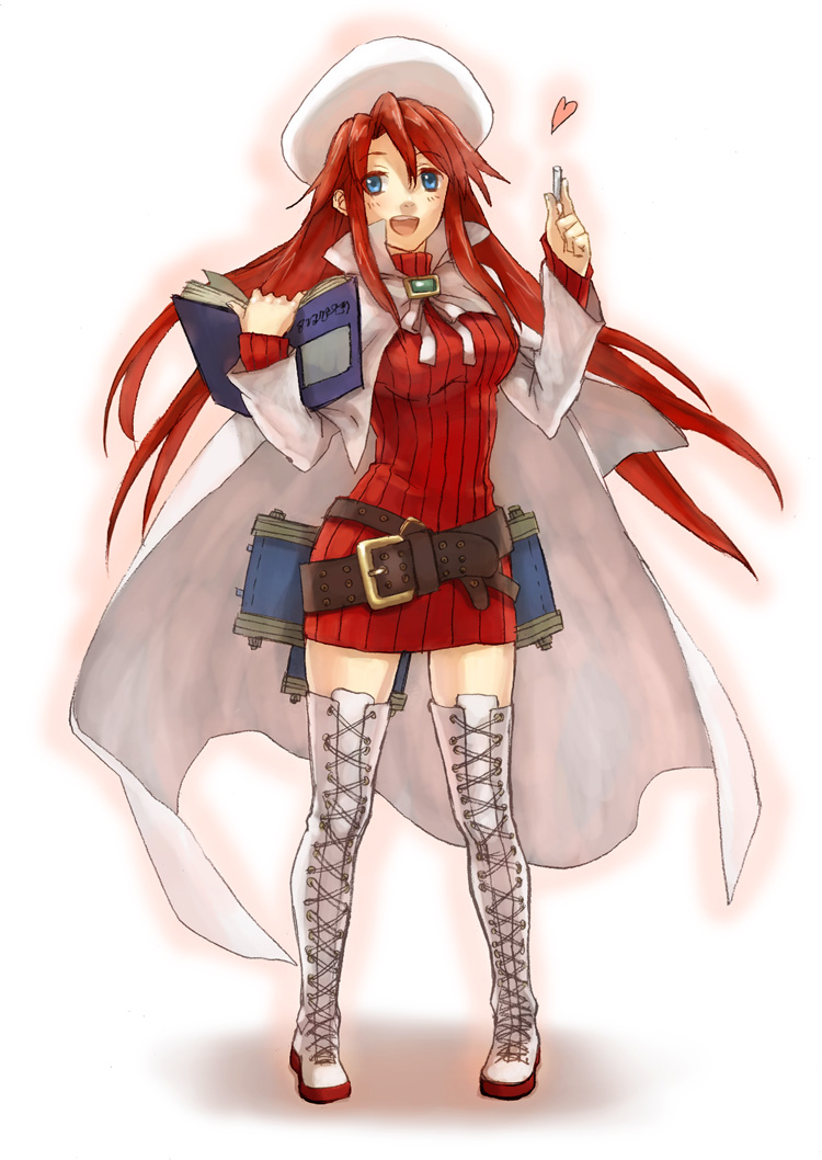 fukutarou (enji127), aty, aty (summon night), summon night, summon night 3, 1girl, belt, belt skirt, blue eyes, blush, book, boots, cape, chalk, female focus, hat, heart, legs, long hair, open mouth, red hair, smile, solo, thigh boots, thighhighs, white boots, zettai ryouiki