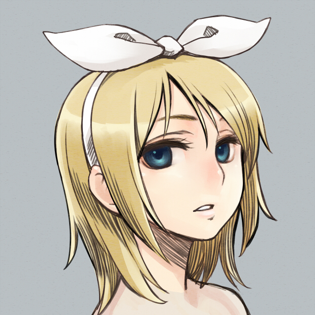 chan co, kagamine rin, vocaloid, 1girl, blonde hair, blue eyes, female focus, hair ribbon, portrait, ribbon, short hair, solo, upper body