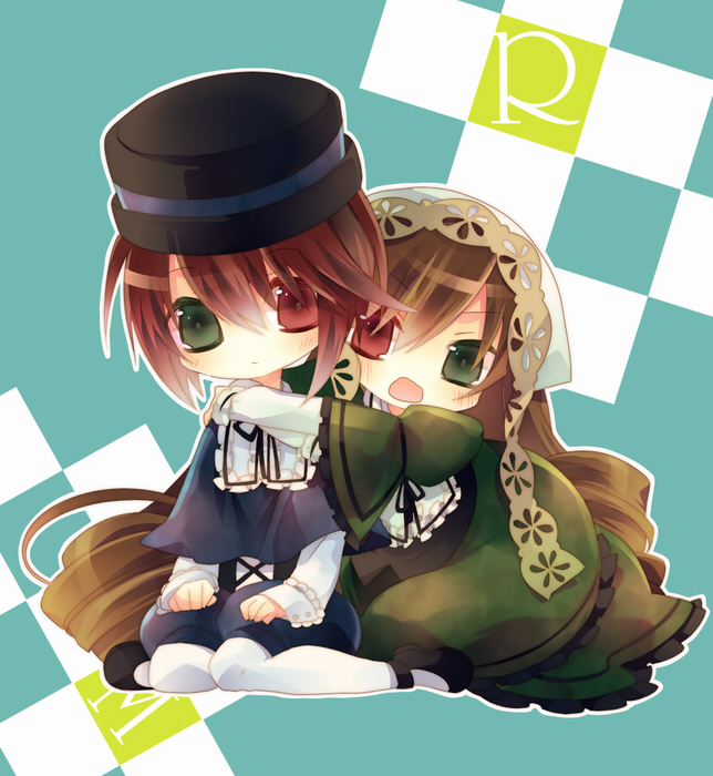 yamiya (8 18dlq), souseiseki, suiseiseki, rozen maiden, bad id, bad pixiv id, 00s, 2girls, blush, brown hair, chibi, hat, headscarf, heterochromia, hug, kneeling, long hair, multiple girls, short hair, siblings, sisters, twins, white headscarf