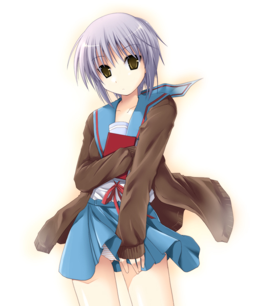 theta (ponkotsu works), nagato yuki, suzumiya haruhi no yuuutsu, silver hair, 00s, 1girl, book, brown eyes, cardigan, female focus, miniskirt, panties, pantyshot, ribbon, school uniform, serafuku, skirt, solo, standing, striped clothes, striped panties, underwear, wind, wind lift