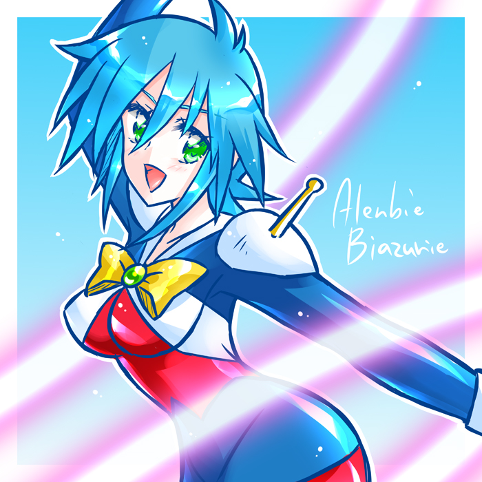 aya@tsuyuri, allenby beardsley, g gundam, gundam, commentary request, 1girl, :d, beam ribbon, blue bodysuit, blue hair, bodysuit, breasts, character name, green eyes, looking at viewer, mecha pilot suit, medium breasts, mobile trace suit, multicolored bodysuit, open mouth, red bodysuit, short hair, skin tight, smile, solo