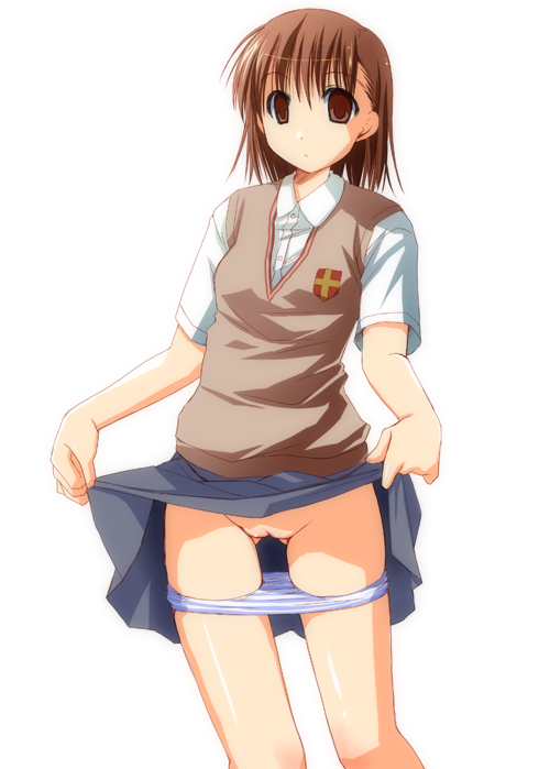 theta (ponkotsu works), misaka imouto, misaka mikoto, toaru majutsu no index, 00s, 1girl, blouse, blue panties, brown eyes, brown hair, cleft of venus, clothes lift, female focus, miniskirt, no panties, panties, panty pull, pussy, shirt, short hair, skirt, skirt lift, solo, standing, striped clothes, striped panties, sweatdrop, underwear, upskirt