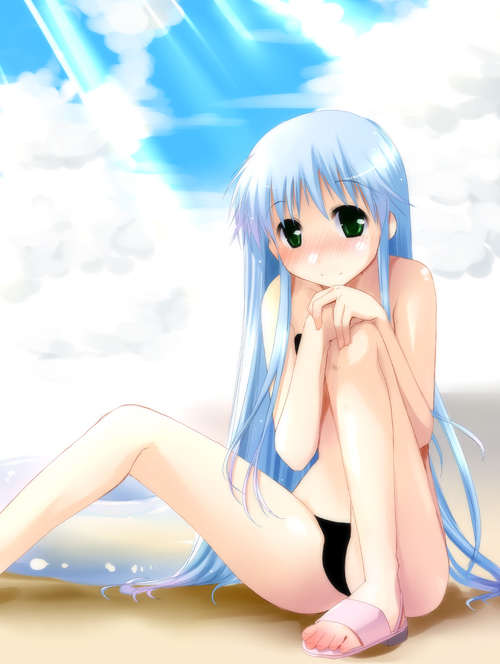 theta (ponkotsu works), index (toaru majutsu no index), toaru majutsu no index, 00s, bikini, black bikini, blue hair, blush, day, green eyes, innertube, leg hold, long hair, sandals, sitting, solo, swim ring, swimsuit, very long hair