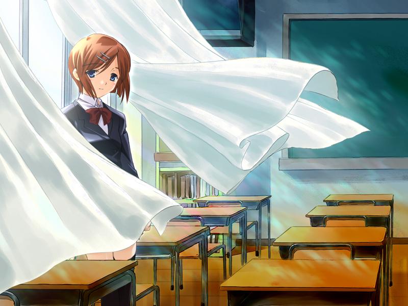 kusaba no usagi, jpeg artifacts, source request, 1girl, blazer, classroom, curtains, desk, female focus, floating curtains, hair ornament, hairclip, indoors, jacket, school, school desk, school uniform, solo, wind