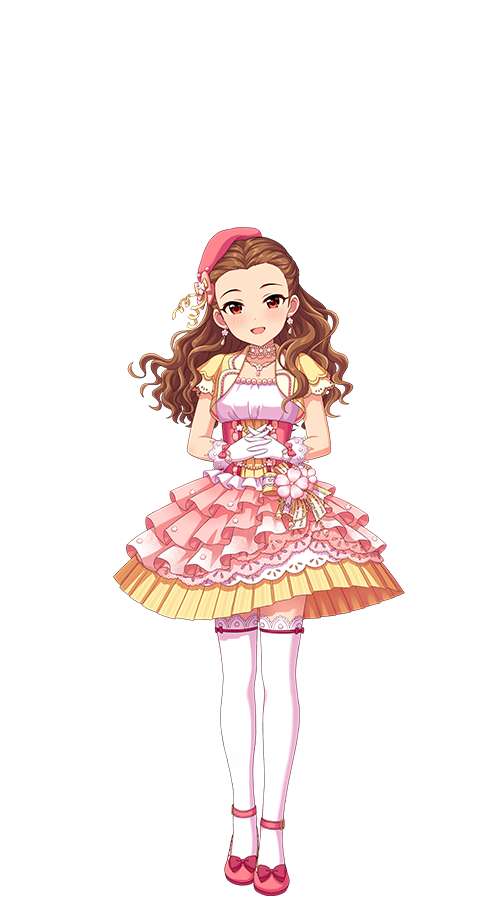 seki hiromi, idolmaster, idolmaster cinderella girls, idolmaster cinderella girls starlight stage, official art, 1girl, brown hair, earrings, forehead, full body, gloves, hat, idol clothes, interlocked fingers, jewelry, mini hat, necklace, open mouth, red eyes, solo, thighhighs, transparent background, white gloves, white thighhighs