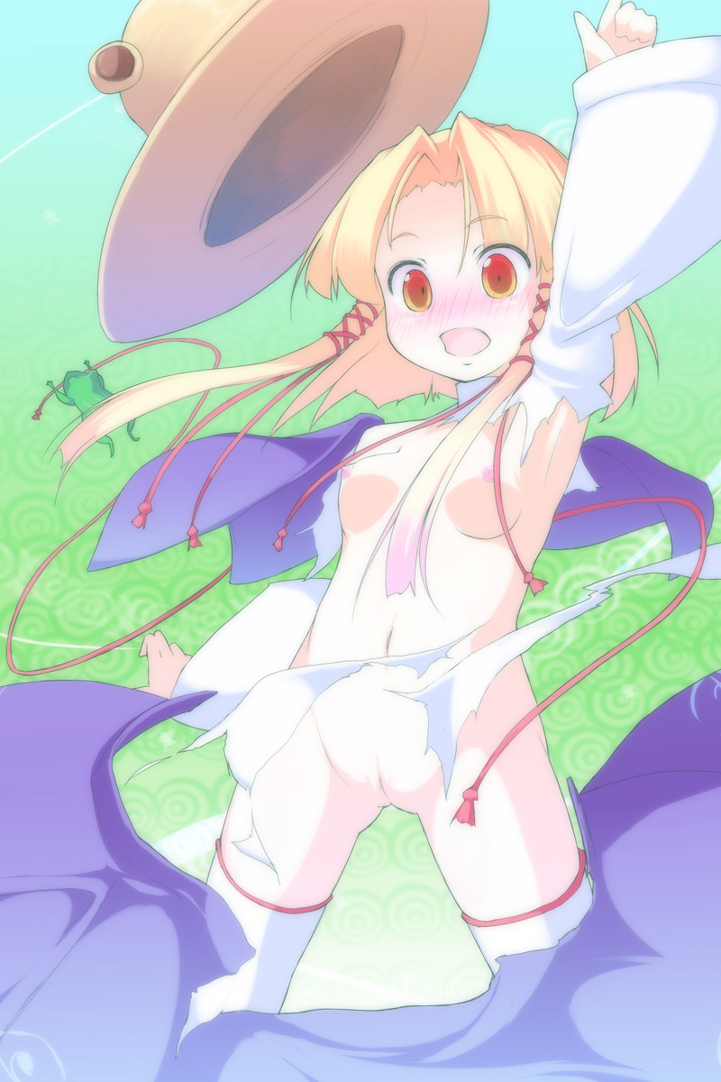 asakura masatoki, moriya suwako, touhou, bad id, bad pixiv id, highres, 1girl, armpits, blonde hair, breasts, female focus, hair ribbon, hand up, hat, medium breasts, nipples, open mouth, orange eyes, pussy, ribbon, solo, surprised, thighhighs, topless female, torn clothes, uncensored, wardrobe malfunction