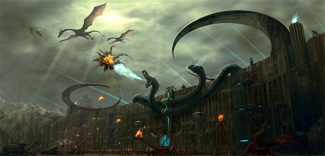noba, original, pixiv fantasia, pixiv fantasia 3, beam, 6+boys, aerial battle, akatsuhara empire, army, battle, breath weapon, breathing fire, catapult, cloud, dragon, epic, explosion, fire, gate, gigandal federation, male focus, multiple boys, scenery, sky, snake, sun, sunlight