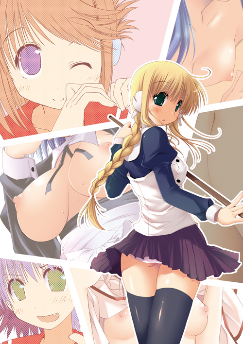 theta (ponkotsu works), komaki manaka, silfa (to heart), tonami yuma, to heart (series), to heart 2, bad id, bad pixiv id, 00s, 6+girls, back, black thighhighs, blonde hair, blouse, blush, braid, breasts, fang, folded ponytail, from behind, green eyes, long hair, looking back, miniskirt, multiple girls, one eye closed, panties, ribbon, robot ears, shirt, skirt, standing, thighhighs, underwear, very long hair, white panties, wink