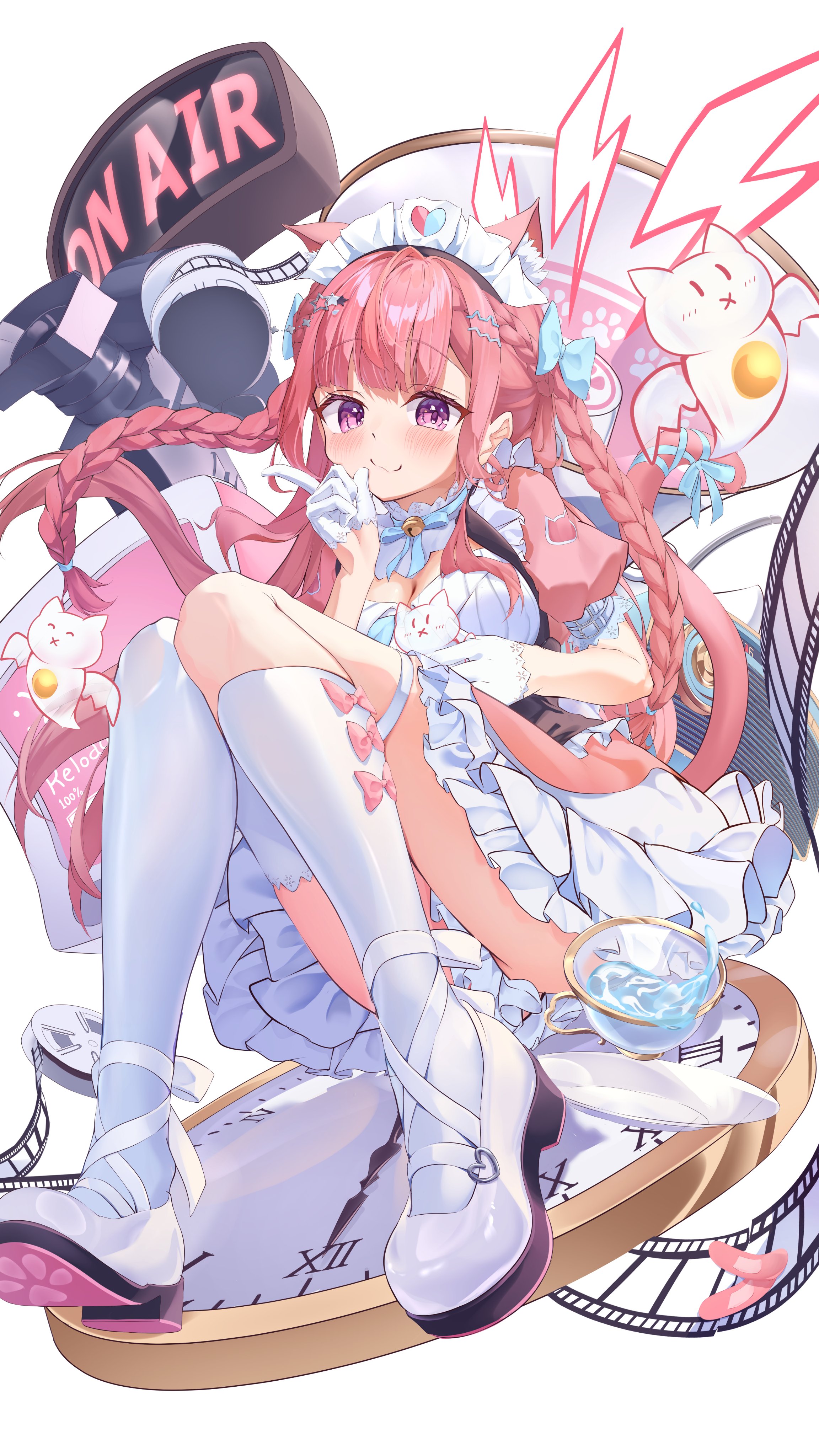 recomend aqua, yuuki sakuna, indie virtual youtuber, absurdres, highres, revision, 1girl, animal ears, animal print, asymmetrical legwear, bell, blue bow, blue ribbon, blush, bow, bow legwear, braid, breasts, cat ears, cat girl, cat hair ornament, cat print, cat tail, cleavage, clock, closed mouth, dress, extra ears, gloves, hair bow, hair ornament, hairclip, half gloves, heart, heart print, index finger raised, jingle bell, kneehighs, knees up, large breasts, long hair, looking at viewer, maid, maid headdress, neck bell, neck ribbon, pink bow, pink dress, pink eyes, pink hair, ribbon, shoes, short sleeves, simple background, single sock, single thighhigh, smile, socks, star (symbol), star hair ornament, suspenders, tail, thighhighs, thighs, two side up, uneven legwear, virtual youtuber, white background, white dress, white gloves, white shoes, white socks, white thighhighs