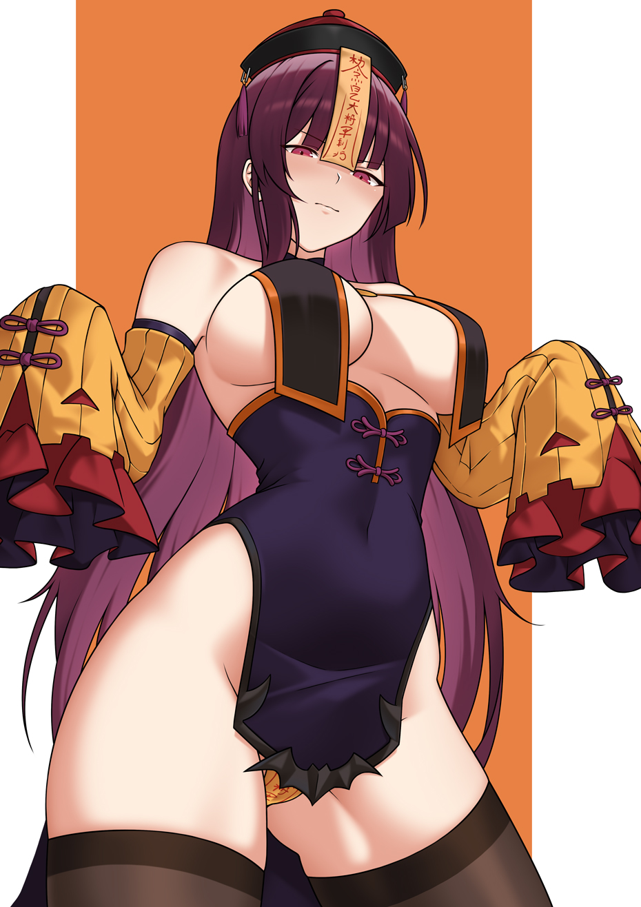 bbk (13zk), type 97 shotgun (girls' frontline), type 97 shotgun (ingenious stratagem no.97) (girls' frontline), wa2000 (girls' frontline), girls' frontline, commentary, english commentary, highres, 1girl, alternate costume, bare shoulders, black thighhighs, breast curtains, breasts, closed mouth, cosplay, covered navel, detached sleeves, from below, halloween, hat, jiangshi, large breasts, long hair, long sleeves, looking at viewer, looking down, orange background, panties, purple hair, red eyes, simple background, sleeves past fingers, sleeves past wrists, solo, thighhighs, type 97 shotgun (girls' frontline) (cosplay), underwear, yellow panties