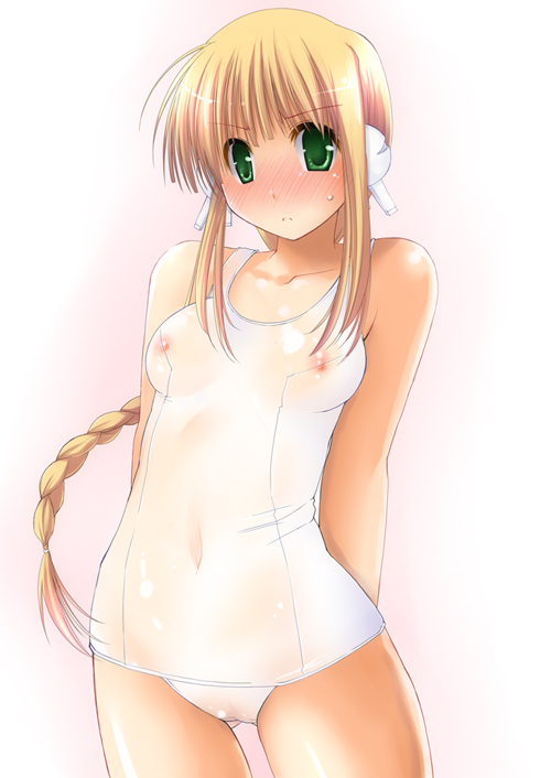 theta (ponkotsu works), silfa (to heart), to heart (series), to heart 2, clothes, bad id, bad pixiv id, 00s, 1girl, blonde hair, blush, braid, braided ponytail, breasts, cameltoe, covered navel, female focus, green eyes, long hair, navel, nipples, one-piece swimsuit, robot ears, school swimsuit, see-through clothes, single braid, small breasts, solo, swimsuit, very long hair, wet, white one-piece swimsuit, white school swimsuit