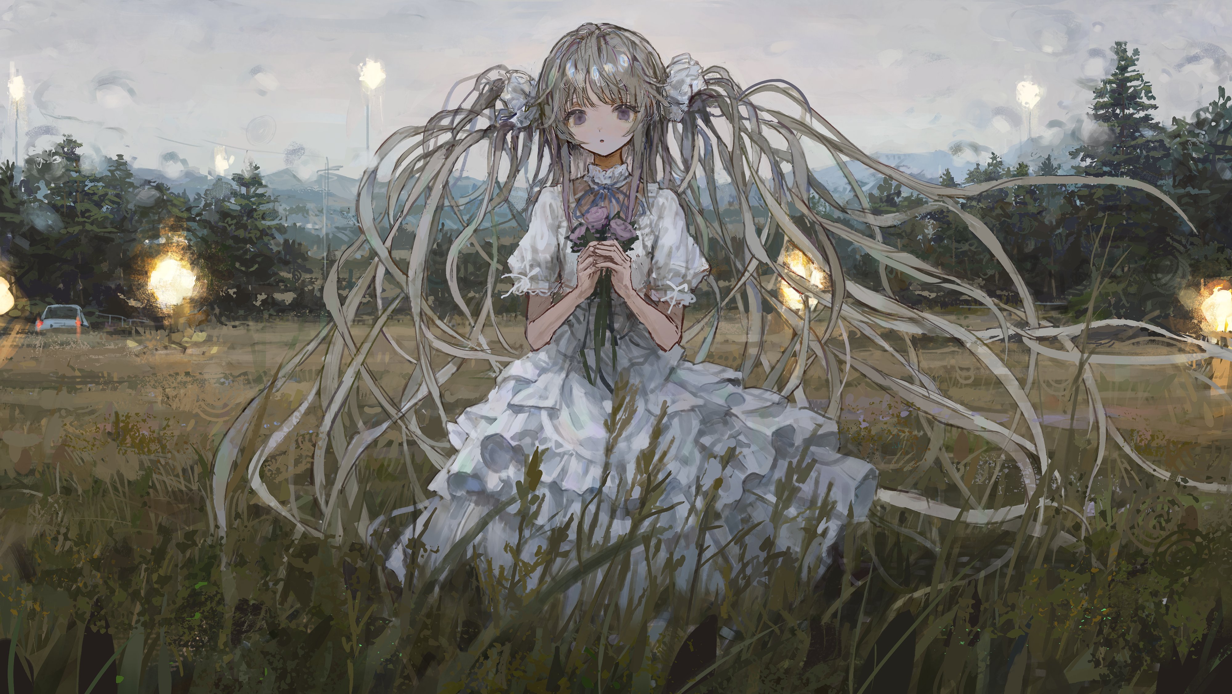 shion (mirudakemann), original, absurdres, highres, 1girl, car, cloud, cloudy sky, dress, field, floating hair, flower, frilled dress, frills, grass, grey hair, grey sky, holding, holding flower, lamppost, long hair, looking at viewer, motor vehicle, nature, outdoors, overcast, own hands together, puffy sleeves, purple eyes, purple flower, ribbon, short sleeves, sky, solo, standing, tree, twintails, very long hair, white dress