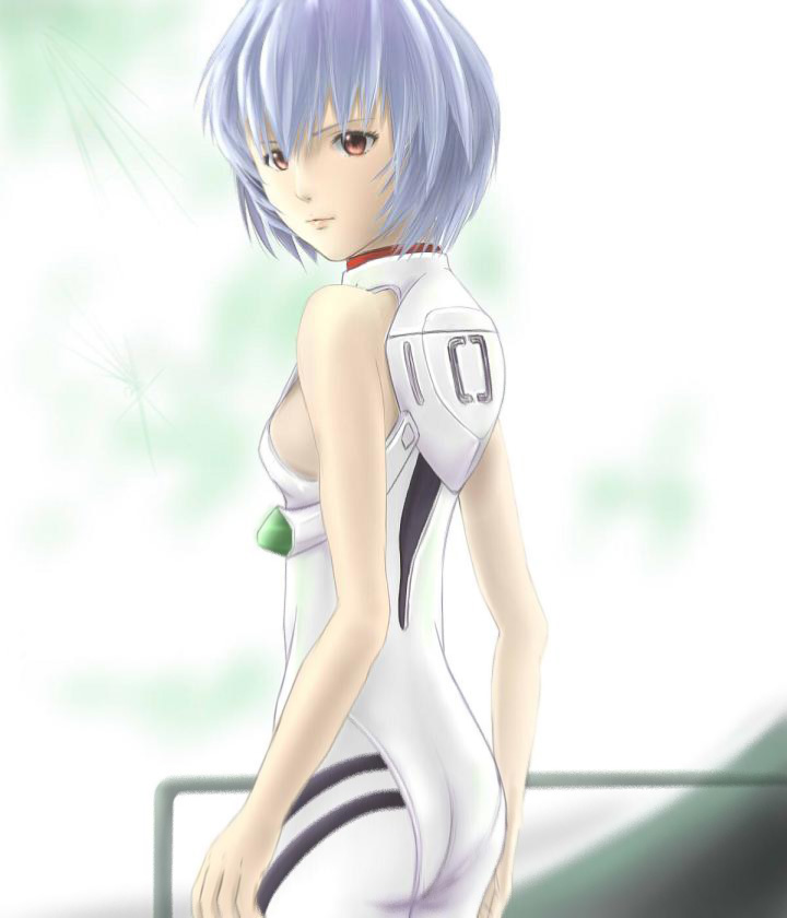 tyamag, ayanami rei, neon genesis evangelion, rebuild of evangelion, bad id, bad pixiv id, 00s, 1girl, ass, bare shoulders, blue hair, bodysuit, breasts, female focus, looking back, mecha pilot suit, medium breasts, plugsuit (evangelion), realistic, red eyes, short hair, sideboob, solo