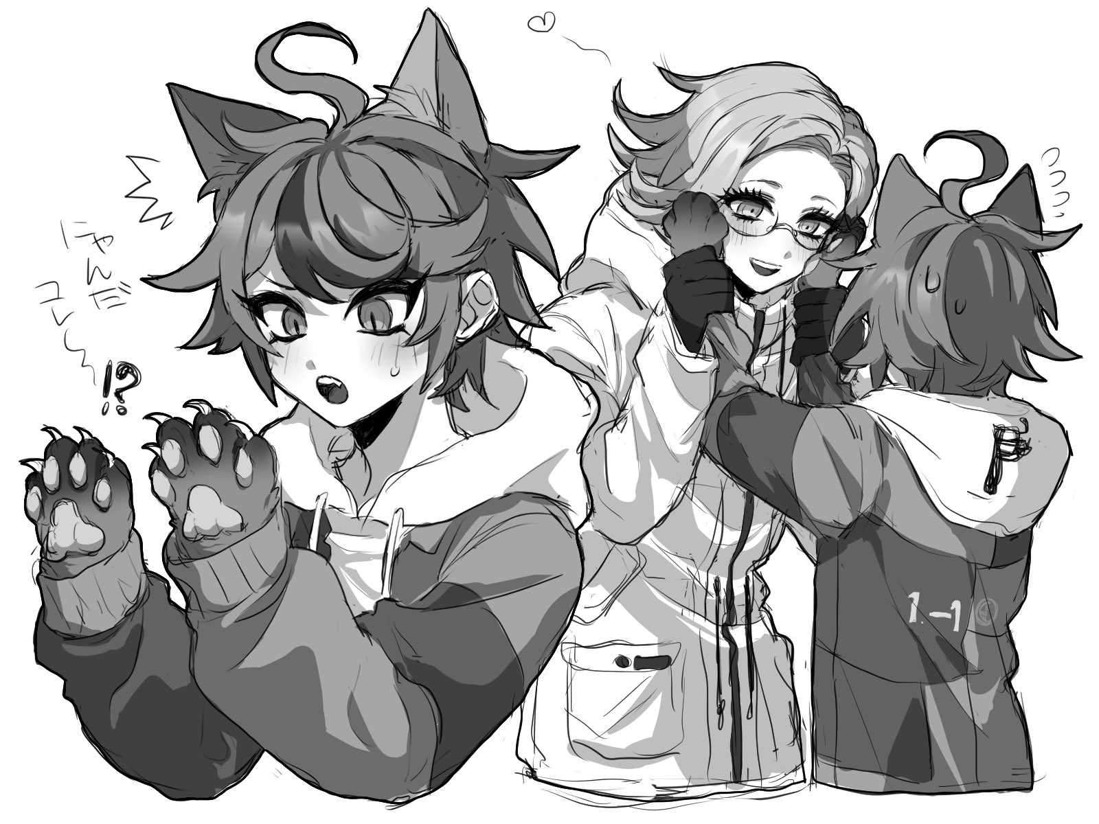 aotsuki eito, sumino takumi, the hundred line -last defense academy-, commentary request, highres, translation request, 2boys, 2ybnb9agfd2867, :o, ahoge, animal ears, animal hands, blush, cat boy, cat ears, cat paws, claws, cropped torso, flying sweatdrops, glasses, gloves, grabbing another's arm, greyscale, hands on another's face, heart, hood, hoodie, jacket, jacket over hoodie, kemonomimi mode, male focus, monochrome, multicolored hair, multiple boys, multiple views, open clothes, open jacket, short hair, simple background, slit pupils, smile, streaked hair, surprised, sweatdrop, teeth, upper teeth only, yaoi