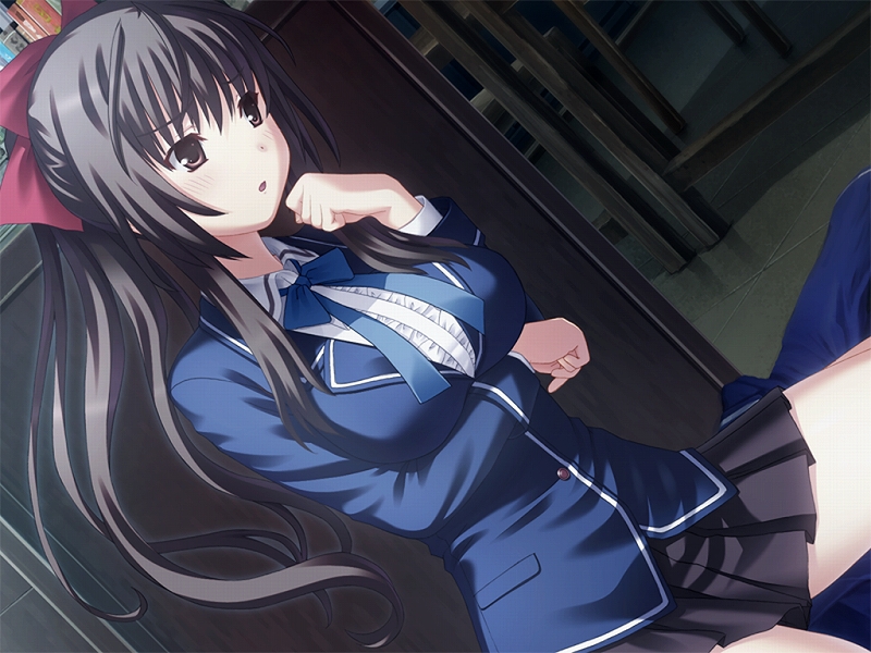 nekonyan, morinaga yukari, sakaagari hurricane, black hair, breasts, frills, hair ribbon, large breasts, long hair, necktie, ribbon, school uniform, sitting, solo