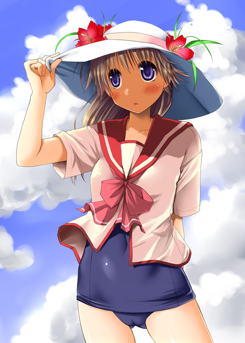 theta (ponkotsu works), komaki ikuno, komaki manaka, to heart (series), to heart 2, bad id, bad pixiv id, 00s, 1girl, blue eyes, bow, brown hair, cameltoe, cloud, day, female focus, hat, long hair, no pants, one-piece swimsuit, school swimsuit, school uniform, serafuku, sky, solo, standing, sun hat, swimsuit, swimsuit under clothes