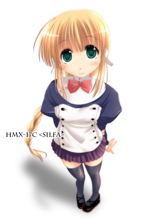 theta (ponkotsu works), silfa (to heart), to heart (series), to heart 2, 00s, black thighhighs, blonde hair, blouse, blush, bow, bowtie, braid, braided ponytail, from above, green eyes, miniskirt, robot ears, shirt, shoes, single braid, skirt, standing, thighhighs