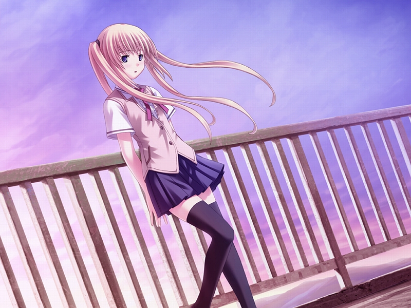 nekonyan, ayase natsuki, sakaagari hurricane, arms behind back, blonde hair, cloud, long hair, necktie, rooftop, school uniform, sky, solo, sunset, thighhighs, twintails, wind, zettai ryouiki